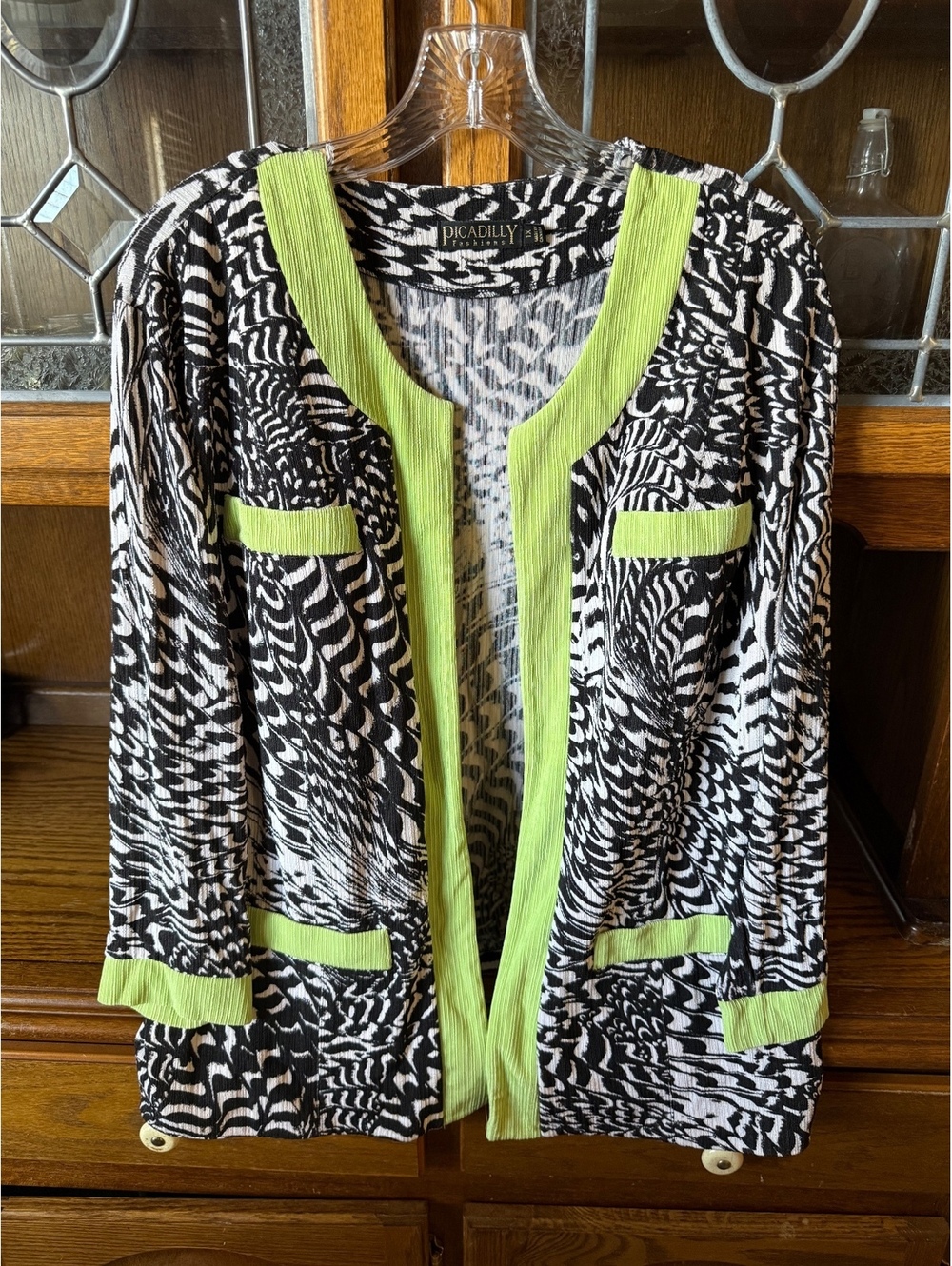 Picadilly Fashions Abstract Print Open Jacket Lime Green Trim Sz 1X